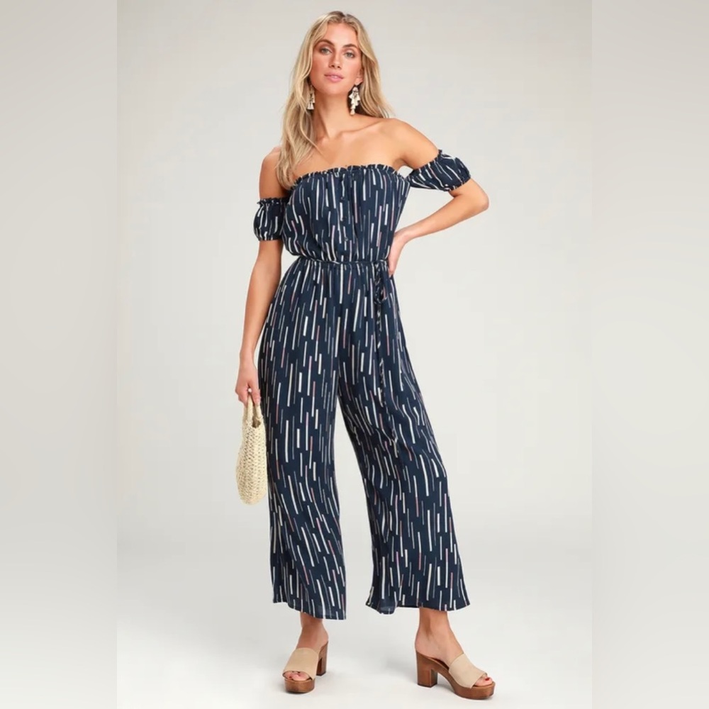 🌿Lulu’s True Radiance Navy Blue Multi Print Off-The-Shoulder Jumpsuit